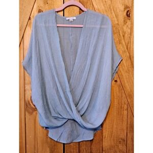 Crinkled‎ Linen Look Faux Wrap Layer Top Womens L Blue Spruce Dolman Sleeve #804